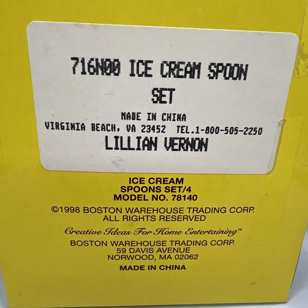 Vintage 1998 Boston Warehouse Lillian Vernon Ice Cream Spoons Set 4 NIB 78140